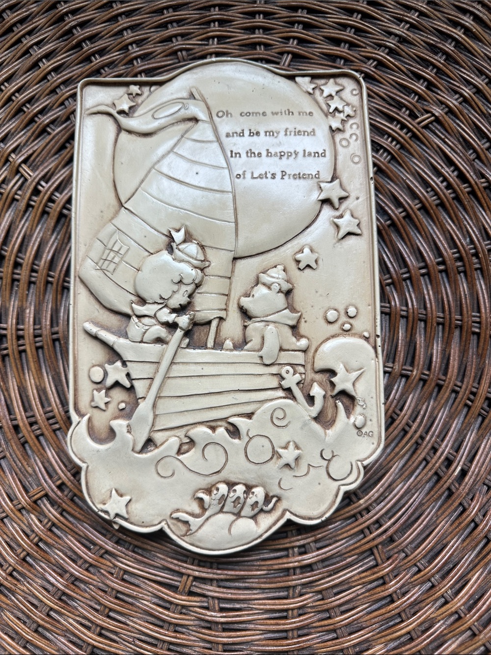 Rare Vintage Chalkware Nursery Wall Plaque “In The Happy Land of Lets Pretend”